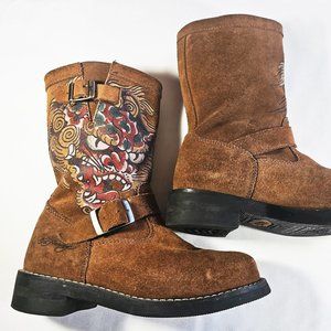 Ed Hardy, Y2K, Steel-Toed, Dragon, Suede Engineer Boots, Size 8